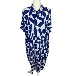 Poetry Linen Cotton Geometric Shift Dress Art To Wear Lagenlook Blue White US 16